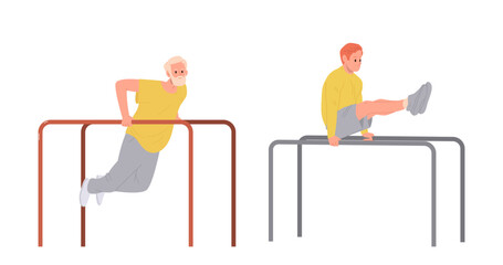 Senior man and young guy characters doing acrobatic exercise of calisthenics on parallel crossbars