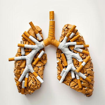 Model of cigarettes in the form of human lungs. Addiction to smoking, the harm of tobacco smoke. A bad habit, smoking kills.