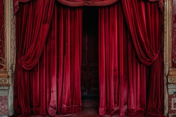Red velvet curtains open to show theater interior