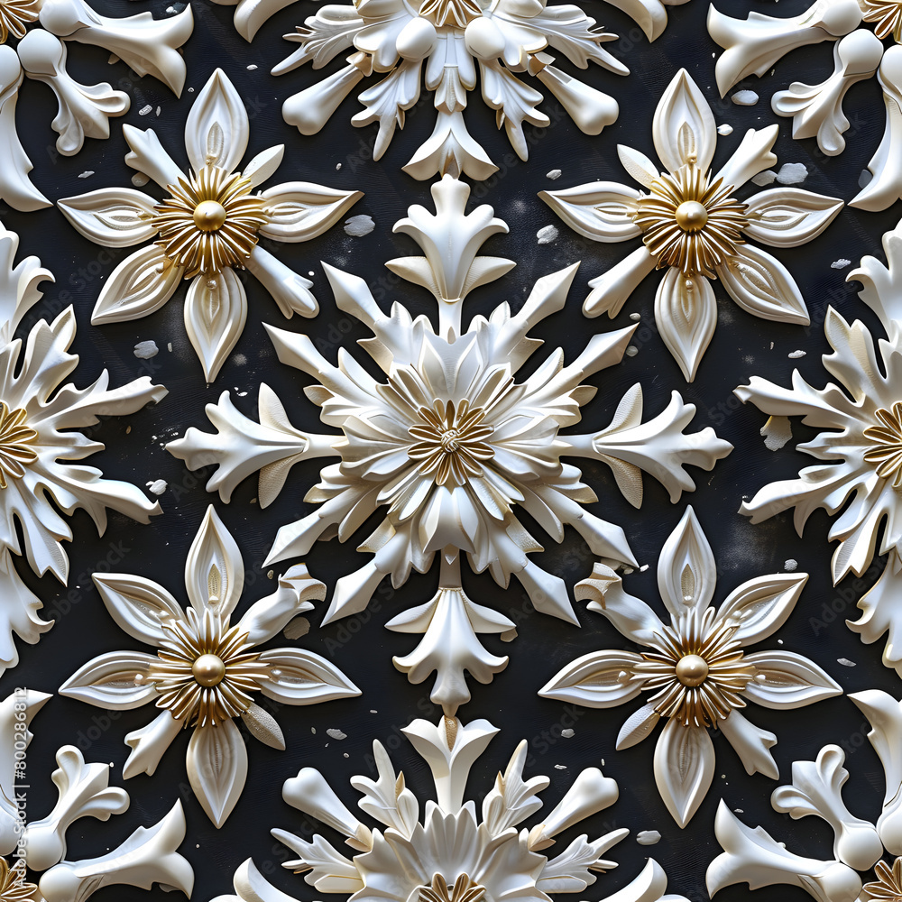 Poster a black and white image of a snowflake with gold accents. the image has a vintage and elegant feel t