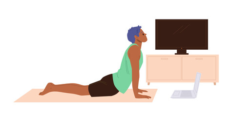 Man pilates trainer cartoon character streaming training workout lesson online using laptop