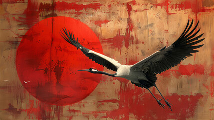 Naklejka premium Crane flying against a red sun in a textured abstract background