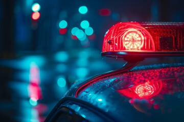 Retro style police siren in antique blue and red colors spinning on a dark background Selective focus