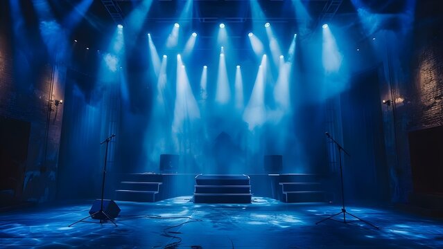Empty stage with blue spotlights for an online event entertainment background. Concept Empty Stage, Blue Spotlights, Online Event, Entertainment Background