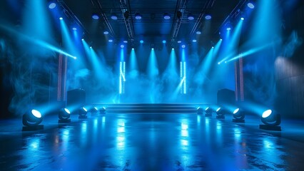 Blue spotlights illuminate an empty stage for an online event entertainment background. Concept Blue Spotlights, Empty Stage, Online Event, Entertainment Background