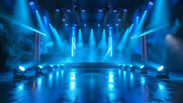 Blue spotlights illuminate an empty stage for an online event entertainment background. Concept Blue Spotlights, Empty Stage, Online Event, Entertainment Background