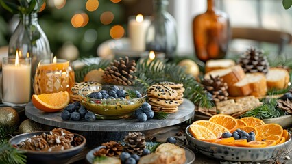 Festive Table Setting with Delicious Dishes, Snacks, and Beautiful Decorations for Family Gathering. Concept Festive Table Setting, Delicious Dishes, Family Gathering, Beautiful Decorations, Snacks