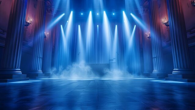 Blue spotlights shining on an empty stage for virtual event entertainment background. Concept Virtual Events, Stage Setup, Entertainment, Lighting Design, Blue Spotlights