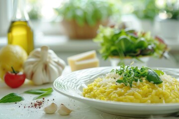 Risotto alla milanese served with salad Made with saffron rice butter cheese and broth Raw arborio rice in background White table