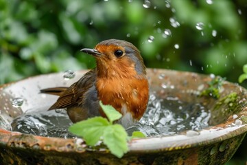 Robin bathing in a garden bird bath