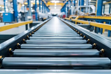 Roller conveyor in automatic manufacturing line for transporting goods in industry