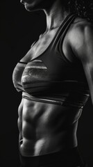 Black and white portrait of a muscular woman in sports attire