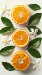 Fresh orange slices with blooms and green leaves on white background, vibrant and refreshing scene