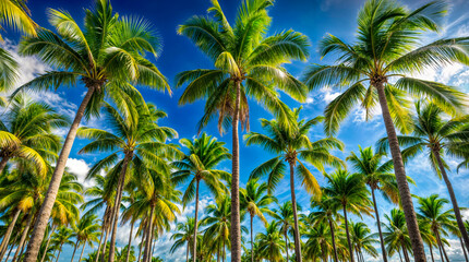 Fototapeta na wymiar Stroll beneath towering palm trees on a sunny beach. Clear blue sky adds to the tropical paradise vibe. Ideal for travel ads, websites, or promoting summer getaways.