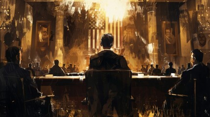 Illustration capturing the intense atmosphere of a heated senate confirmation hearing