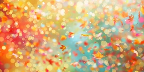 Soft light filters through a cascade of vibrant autumn leaves, interspersed with delicate bokeh orbs.