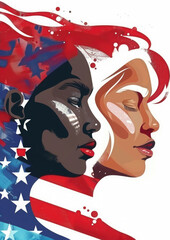 male and female face with American flag, illustration, white background, drawing, colored hair, independence day, USA, America, 4th of July, holiday, patriots, election, voting, man, woman, people