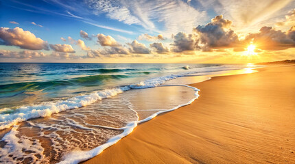 A pristine tropical beach at sunset.  Perfect for vacation promos, serenity blogs, or as serene backdrops in wellness apps.