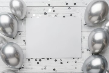 Silver balloons and empty white card on wooden background
