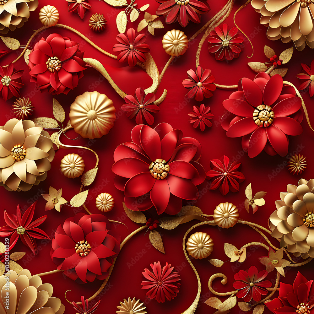 Poster a red and gold flowery background with many flowers. generative ai