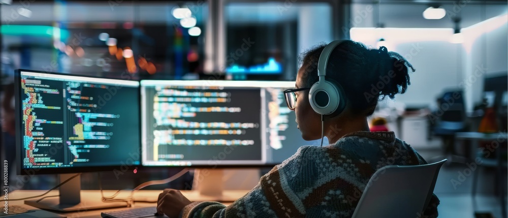 Poster female programmer working late at multi-monitor workstation