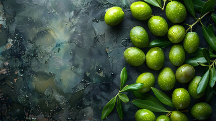 Vibrant green olives with leaves set on a textured glass surface with raindrops, showcasing freshness and natural beauty in a still life setting. Green olives with leaves on a dark background. 