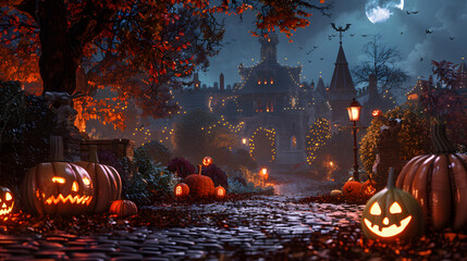 A magical scene unfolds in this image, capturing the essence of Halloween with illuminated pumpkins, a haunting castle, and an autumnal vibe