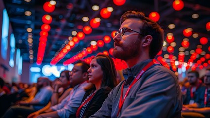 Many attendees at a large conference event. Concept Networking Opportunities, Keynote Speakers, Panel Discussions, Workshops, Exhibition Booths