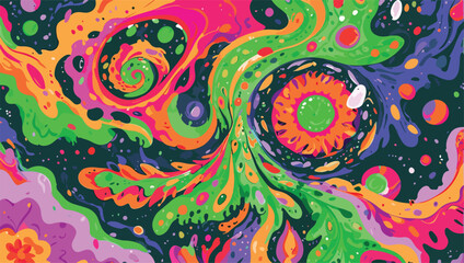 Psychedelic Art - Editable - Vector Flat Illustration - Fractal Fantasia - A Psychedelic Journey Through Swirling Colors.