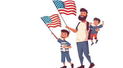 father and son holding an American flag on a white background, illustration, people, man, boy, family, independence day, USA, symbol, state, stars, stripes, holiday, election, voting, America, child