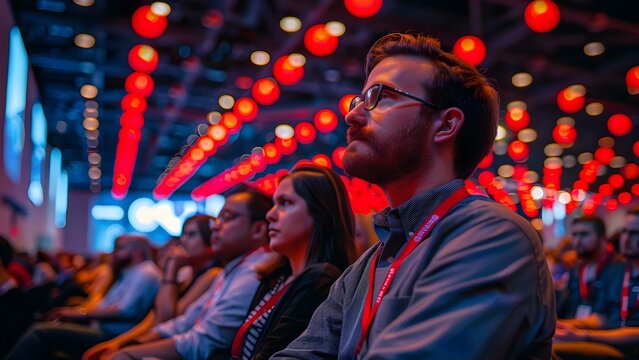 Many attendees at a large conference event. Concept Networking Opportunities, Keynote Speakers, Panel Discussions, Workshops, Exhibition Booths