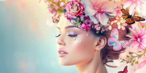 young woman with a wreath of flowers on her head Generative AI