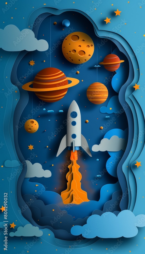 Poster rocket launch among colorful planets and stars in a stylized universe. startup concept