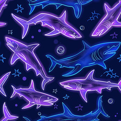 seamless pattern with sharks. neon outline on a dark blue background - obrazy, fototapety, plakaty