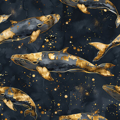 seamless pattern with whales. dark blue print with gold splashes - obrazy, fototapety, plakaty