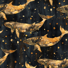 seamless pattern with whales. dark blue print with gold splashes