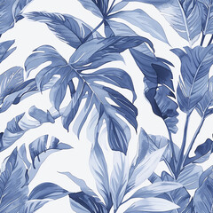 watercolor seamless pattern with tropical leaves in blue. jungle print