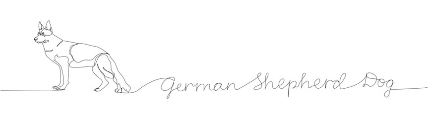 German Shepherd Dog, dog breed, shepherd dog, service dog one line art. Continuous line drawing of friend, dog, friendship, care, pet, animal, family, canine with inscription, lettering, handwritten.