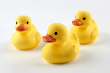 Rubber duck toy in yellow color on white backdrop