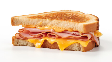 An isolated image of a toasted ham and cheese sandwich on a white background