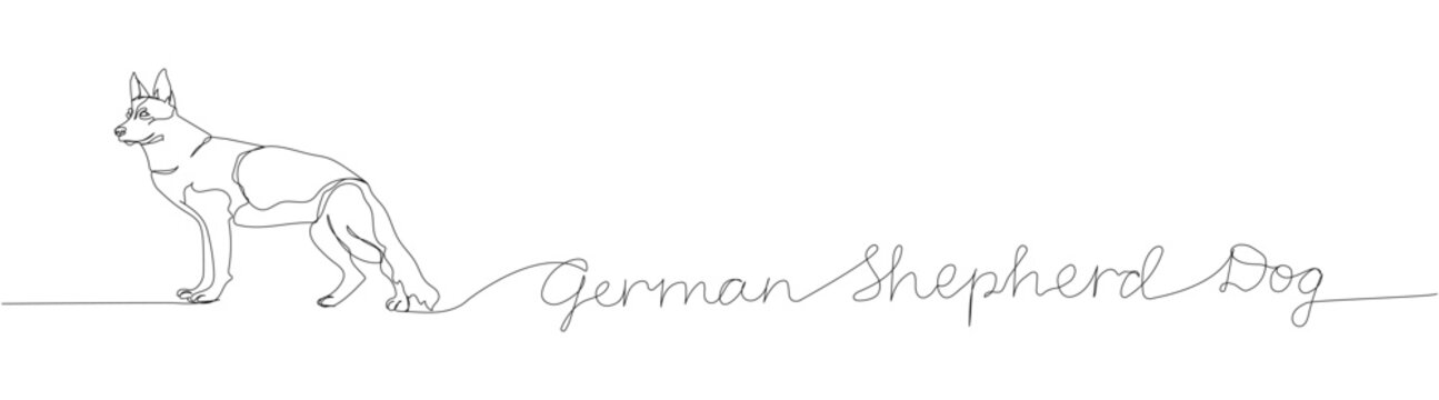 German Shepherd Dog, dog breed, shepherd dog, service dog one line art. Continuous line drawing of friend, dog, friendship, care, pet, animal, family, canine with inscription, lettering, handwritten.