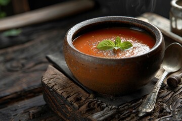 Rustic setting with tomato soup and vegetable appetizer