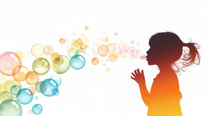 Fototapeta premium small child blowing soap bubbles on a white background, illustration, profile, kid, baby, colorful, balls, childhood, holiday, boy, girl, toddler, drawing
