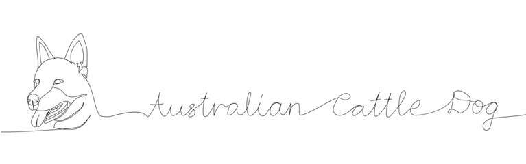 Australian Cattle Dog, dog breed, blue heeler, companion dog one line art. Continuous line drawing of friend, dog, doggy, care, pet, animal, family, canine with inscription, lettering, handwritten.