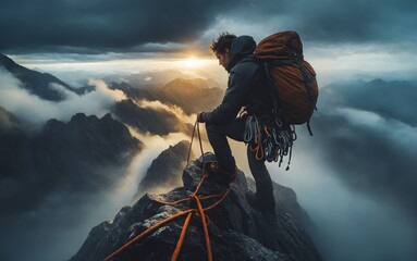 Alpinista in alta monta in situazione estrema e precaria - obrazy, fototapety, plakaty