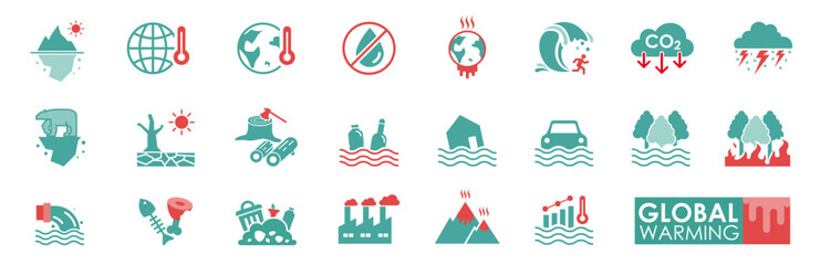 Global warming Icon set Solid icon simple style. Vector illustration Contains CO2, thunderstorm, world, destroy, Factory, Iceberg, Polar bear