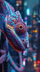 Obraz premium A chameleon with adaptive camouflage skin blending into a neon cityscape, spying from above