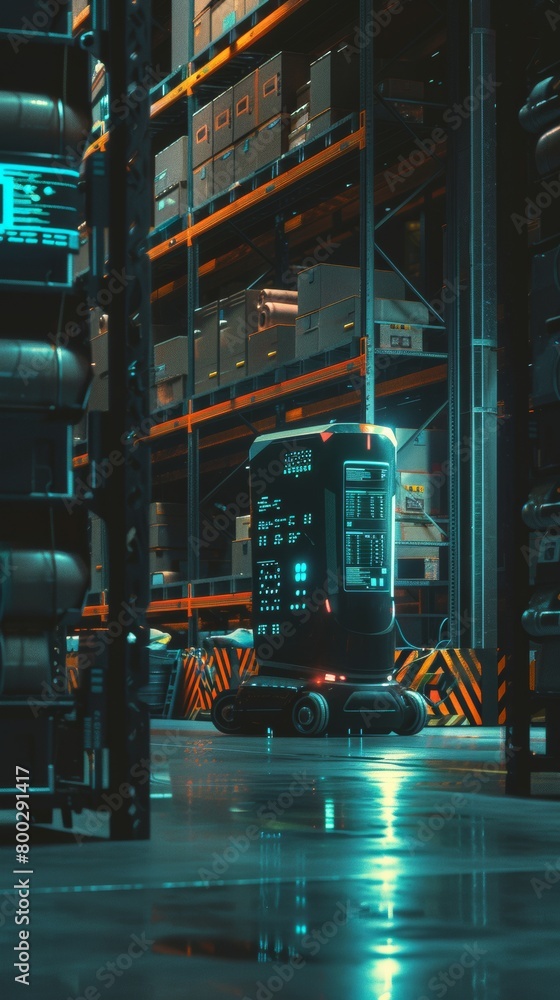 Poster autonomous vehicle navigating through a modern warehouse with 5g technology