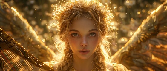 A celestial angel surrounded by a halo of golden light, playing a harp in a heavenly garden