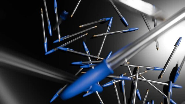 3D animation showing lots of BIC cristal pens falling onto a surface